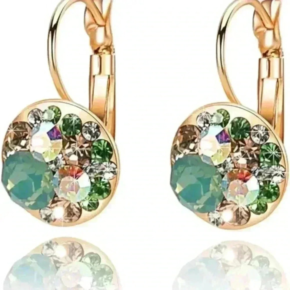 Multicolored Austrian Crystal Leverback Earrings for Women 14K Gold - Picture 2 of 6
